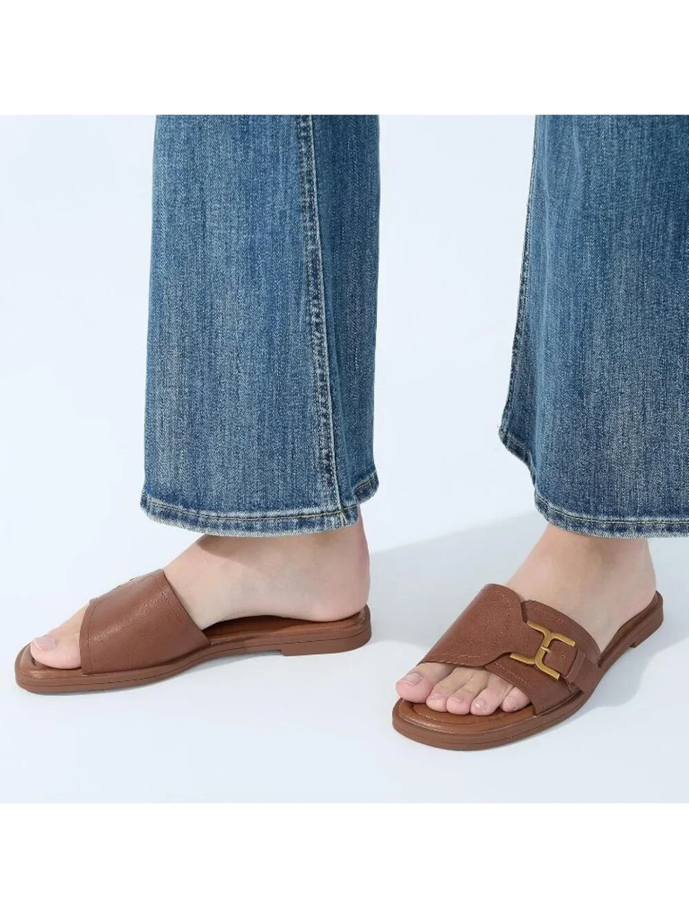 Women's Brown Square Toe Flat Sandals Slides Dressy Comfortable for Beach